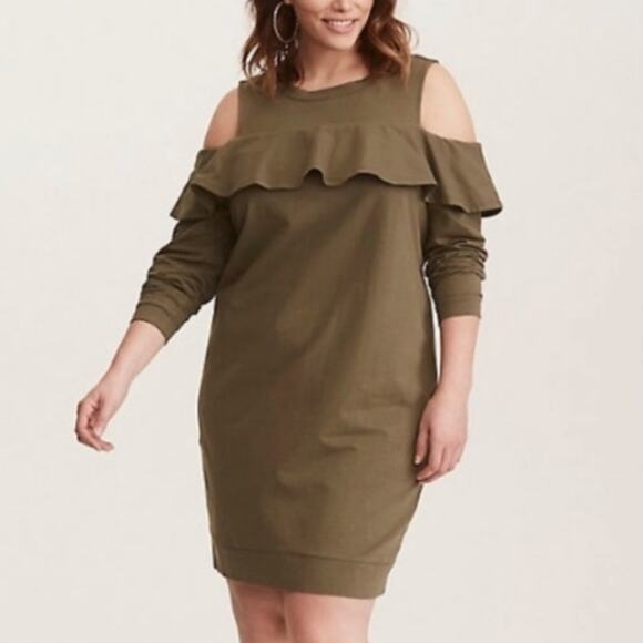 Torrid Ruffle Sweatshirt Dress Olive Green Cold Shoulder Long Sleeve Plus Sz 1X - Picture 1 of 11